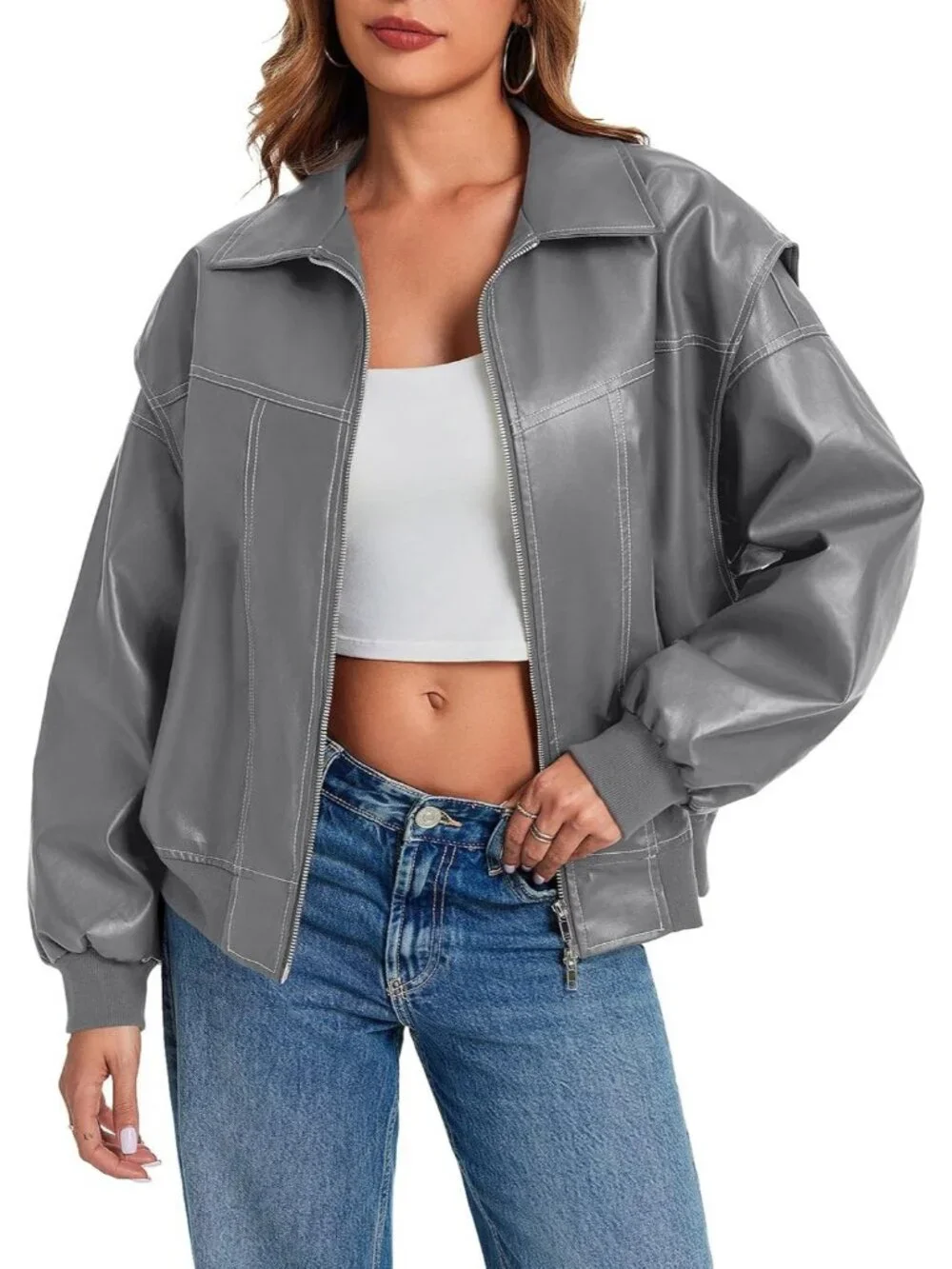 Women's Grey Oversized Faux Leather Bomber Jacket Motorcycle ZIP Up Coat
